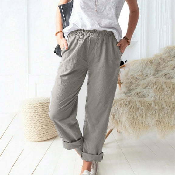 SELONE Linen Pants for Women High Waist With Pockets High Waist High Rise Elastic Waist Casual Straight Leg Solid Color Comfortable Pants for Everyday Wear Running Errands Work Casual Event Gray L