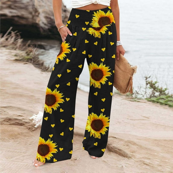 SELONE Linen Pants for Women High Waisted High Waist High Rise Baggy Wide Leg Casual Printed Straight Leg Loose Pants Pants Pants for Everyday Wear Running Work Casual Event Black L