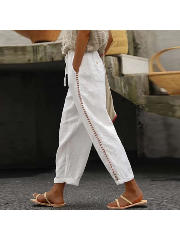 Linen Pants for Women High Waisted High Waist High Rise Elastic Waist Casual Slim Fit Linen Long Pant Slim High Solid Color Sports Cotton And Pants for Everyday Wear Running Work Casual White S