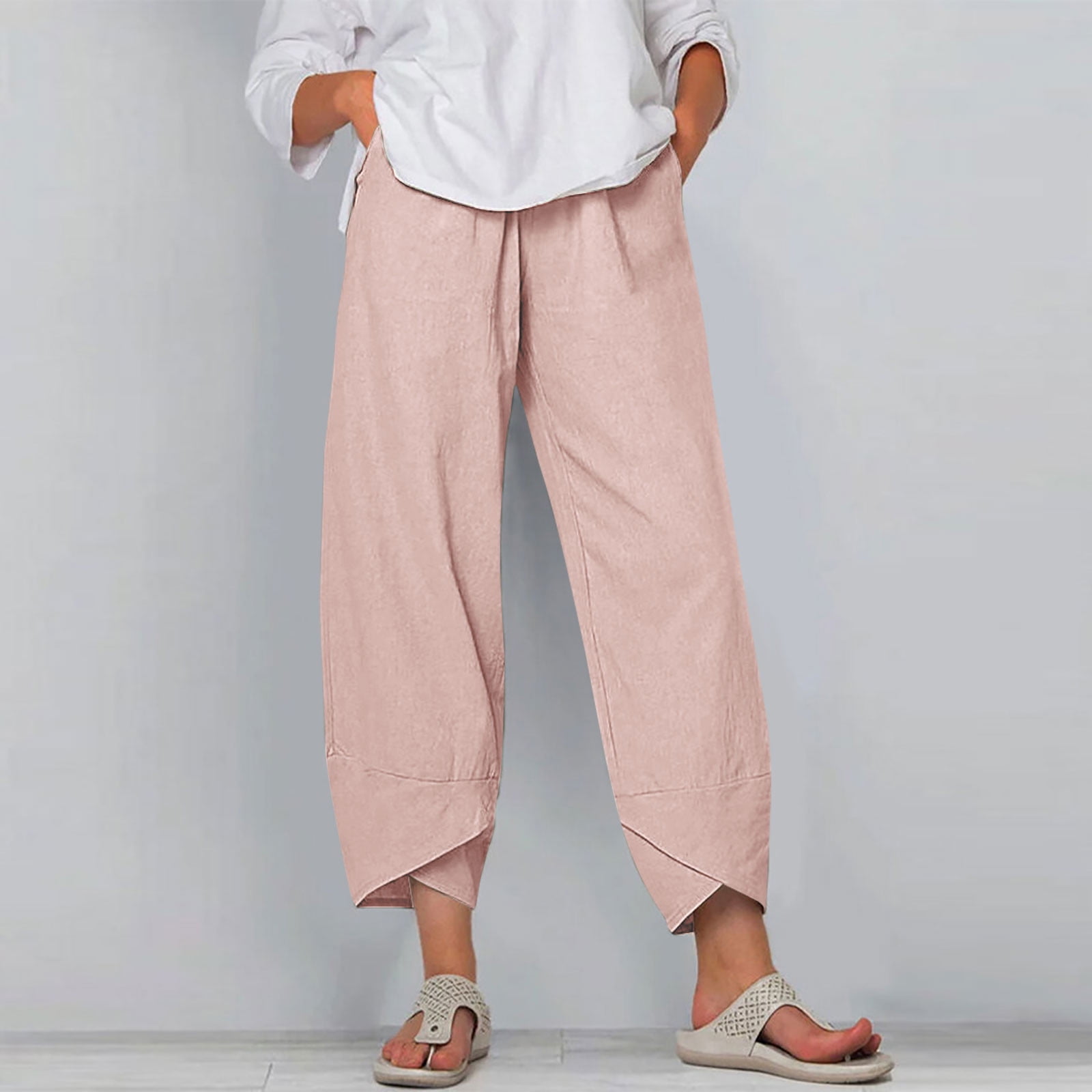 SELONE Linen Pants for Women High Waisted With Pockets Baggy Wide Leg  Elastic Waist Casual Long Pant Trousers Loose Solid for Everyday Wear  Running Errands Work Casual Event Pink L 
