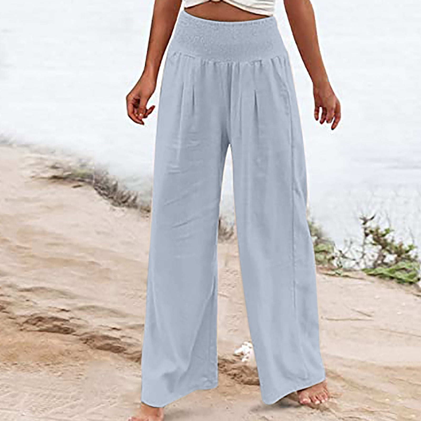 SELONE Wide Leg Linen Pants for Women With Pockets Elastic Waist Casual  Linen Long Pant Straight Leg Pants Solid Color Large Cotton Pants for  Everyday