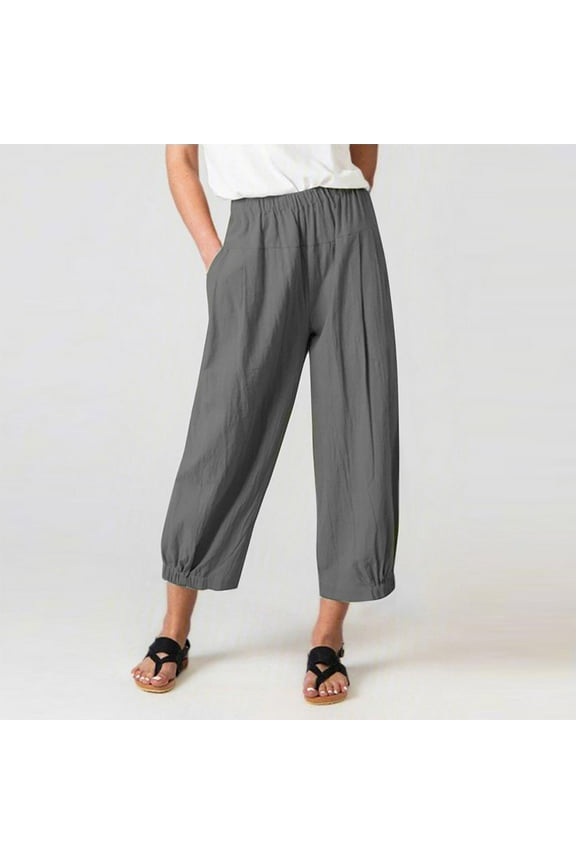 Linen Pants for Women Petite Baggy Wide Leg Casual Straight Leg Fashion Solid Color Elastic Loose Pants Trousers Pants for Everyday Wear Running Errands Work Casual Event Gray XL