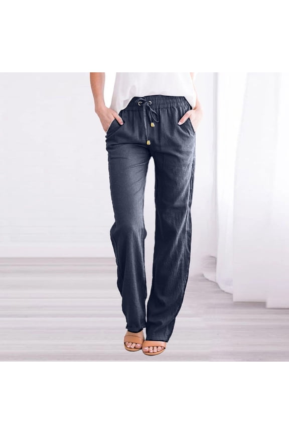 Linen Pants for Women Petite Plus Drawstring Baggy Wide Leg Trendy Casual Linen Long Pant Fashionable Pure Cotton Loose Drawcord Trousers for Everyday Wear Running Work Navy XXXL