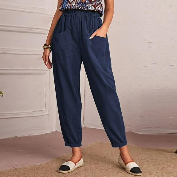 SELONE Linen Pants for Women Petite Plus With Pockets Elastic Waist Casual Linen Long Pant Straight Leg Fashion Pure Color Cotton Cropped Trousers for Everyday Wear Running Work Casual Event Blue XL