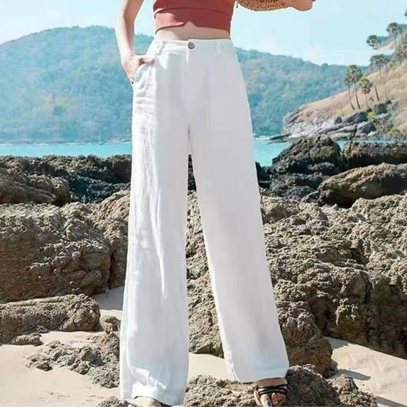 SELONE Linen Pants for Women Petite Plus With Pockets High Waist High Rise Casual Long Pant Straight Leg Fashion Comfortable Solid Color Leisure Pants Loose Pants for Everyday Wear Running White M