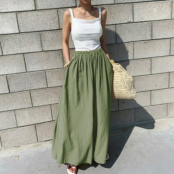 SELONE Linen Pants for Women Petite With Pockets Wide Leg Elastic Waist Casual Summer Long Pant Fashion Solid s for Everyday Wear Running Errands Going to Work Casual Event Army Green Free Size