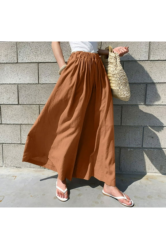 Linen Pants for Women Plus Size Petite With Pockets Wide Leg Elastic Waist Casual Summer Long Pant Fashion Solid s for Everyday Wear Running Errands Going to Work Casual Event Brown Free Size