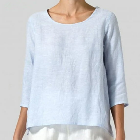 SELONE Linen Shirt for Women Summer Short Sleeve Tops Blouses Regular Fit T Shirts Pullover Tees Tops Solid T-Shirts Crew Neck Tops Casual Blouses Easy Care Soft Breathable Pullover Tops Light Blue S