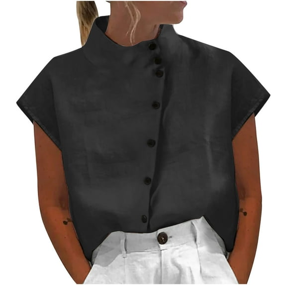 SELONE Linen Shirts for Women Plus Size Short Sleeve Tops Blouses Regular Fit T Shirts Pullover Tees Tops T-Shirts Crew Neck Tops Casual Blouses Button Up Button Down T Shirts Breathable Black M