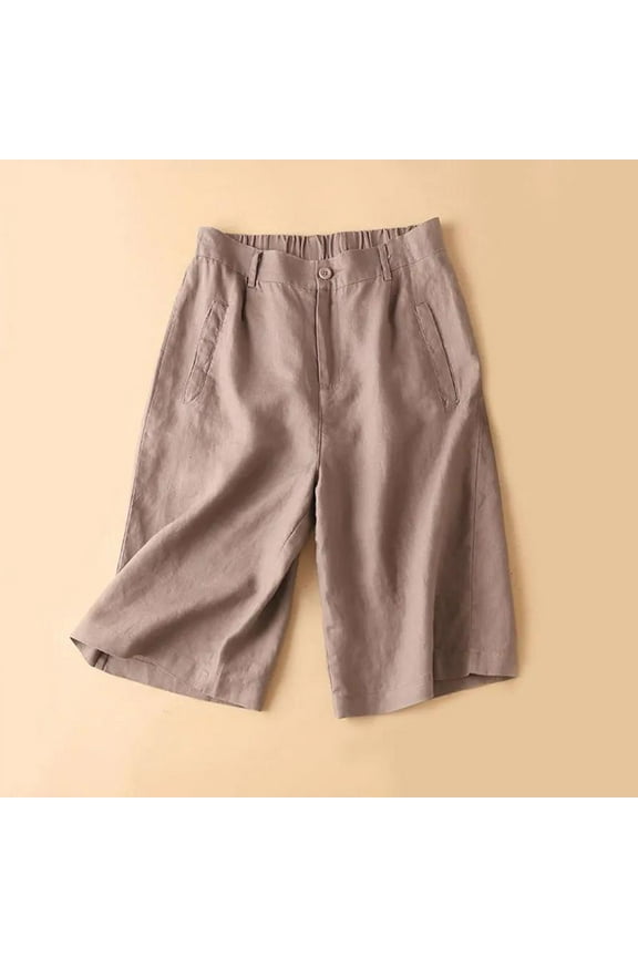 Linen Shorts Women Pull on Plus Size Mid Rise with Pockets Cotton Linen Athletic Pants Short Length Baggy Straight Leg Casual Pants Brown 3XL