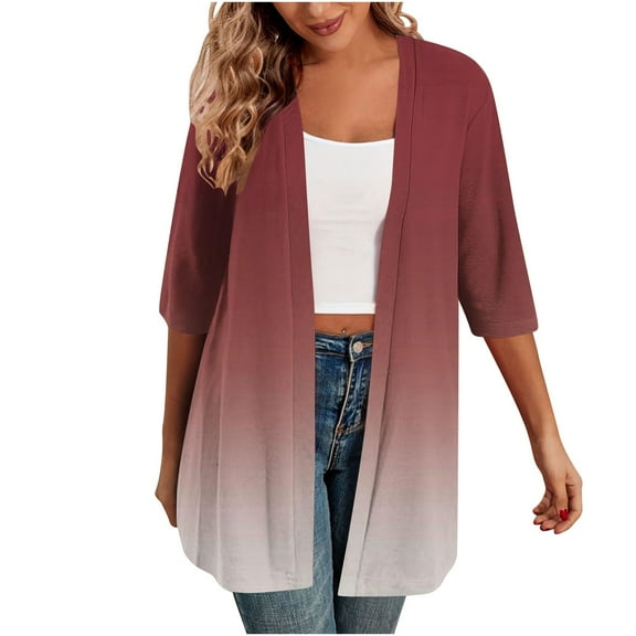 SELONE Long Cardigan Sweaters for Women 3/4 Sleeve Tunic Open Front Cardigans Without Hoodie Gradient Lightweight Beach Vacation Wear Wine M