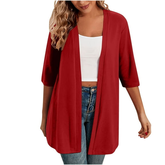 SELONE Long Cardigan Sweaters for Women Lightweight 3/4 Sleeve Tunic Open Front Cardigans Without Hoodie Solid Beach Vacation Wear Red L