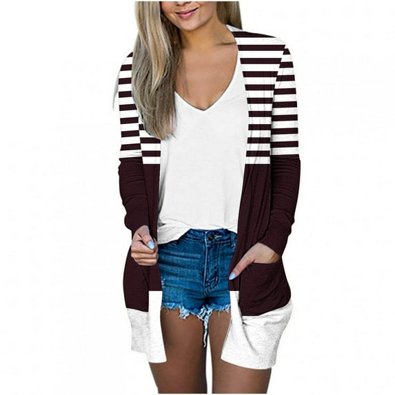 SELONE Long Cardigan Sweaters for Women Long Sleeve Tunic Open Front Cardigans Without Hoodie Striped Lightweight Beach Vacation Wear Wine S