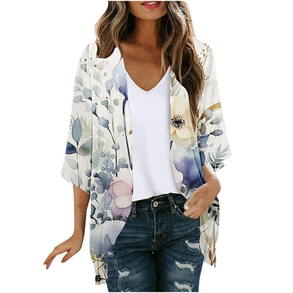 SELONE Long Cardigan for Women Open Front 3/4 Sleeve Regular Cardigans Without Hoodie Flowers Lightweight Beach Vacation Wear Multicolor S