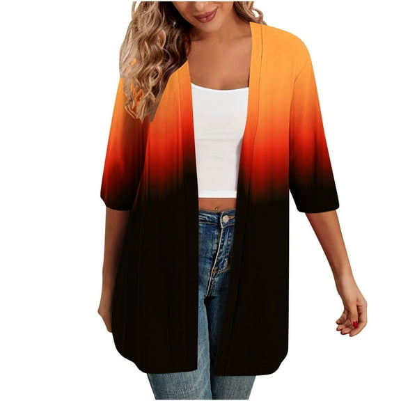 SELONE Long Cardigan for Women Open Front 3/4 Sleeve Tunic Cardigans Without Hoodie Gradient Lightweight Beach Vacation Wear Black S