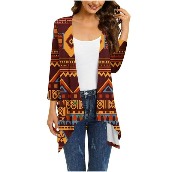 SELONE Long Cardigans for Women Long Sleeve Plus Size Tunic Open Front Cardigans Without Hoodie Tribal Print Lightweight Beach Vacation Wear Multicolor M