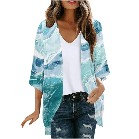 SELONE Long Cardigans for Women Trendy 3/4 Sleeve Plus Size Regular Open Front Cardigans Without Hoodie Print Lightweight Beach Vacation Wear Multicolor L