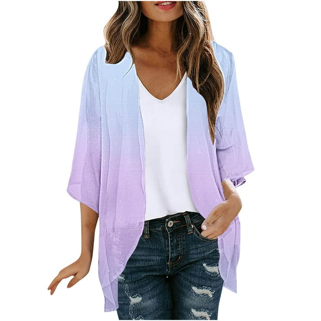 SELONE Long Cardigans for Women Lightweight 3/4 Sleeve Regular Open Front Cardigans Without Hoodie Print Beach Vacation Wear Purple M
