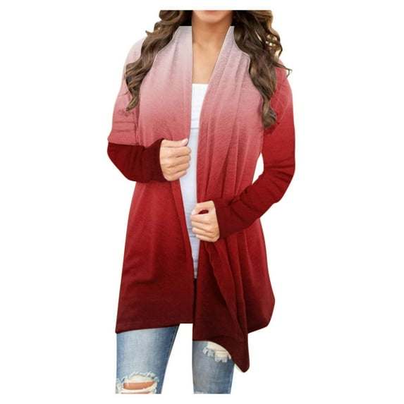 SELONE Long Cardigans for Women Lightweight Long Sleeve Tunic Open Front Cardigans Without Hoodie Gradient Beach Vacation Wear Red 2XL