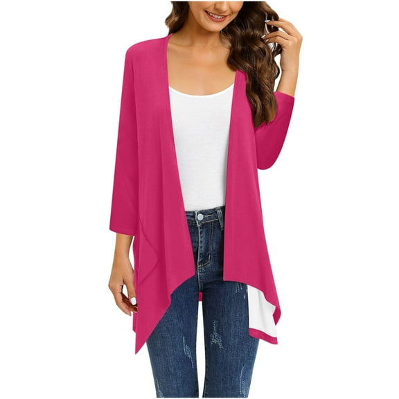 SELONE Long Cardigans for Women Long Sleeve Plus Size Tunic Open Front Cardigans Without Hoodie Solid Lightweight Beach Vacation Wear Pink L
