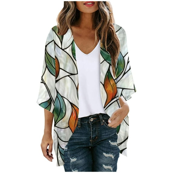SELONE Long Cardigans for Women Summer 3/4 Sleeve Regular Open Front Cardigans Without Hoodie Flowers Lightweight Beach Vacation Wear White XL
