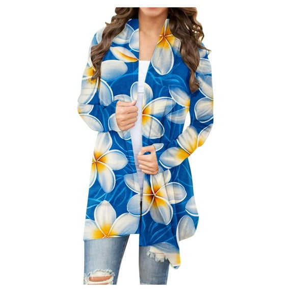 SELONE Long Cardigans for Women Summer Long Sleeve Tunic Open Front Cardigans Without Hoodie Flowers Lightweight Beach Vacation Wear Blue S
