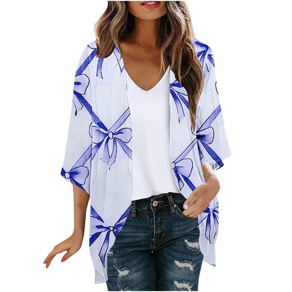 SELONE Long Cardigans for Women Trendy 3/4 Sleeve Regular Open Front Cardigans Without Hoodie Bow Lightweight Beach Vacation Wear Blue L