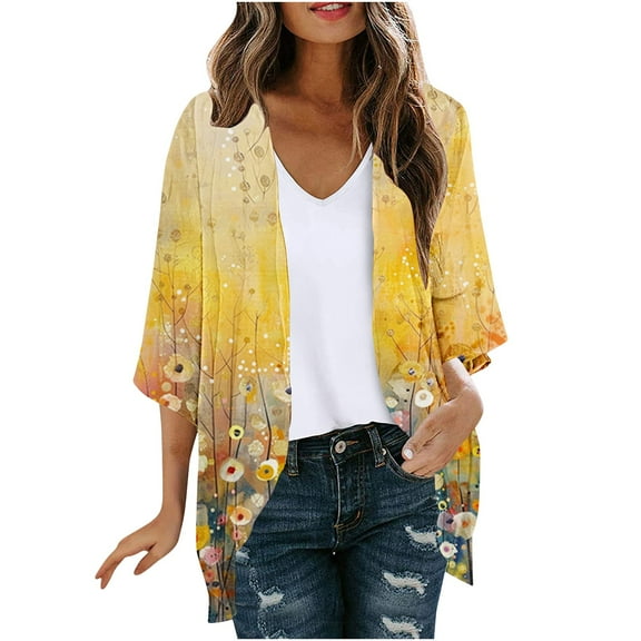 SELONE Long Cardigans for Women Trendy 3/4 Sleeve Regular Open Front Cardigans Without Hoodie Flowers Lightweight Beach Vacation Wear Multicolor L