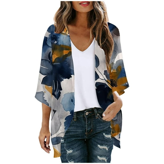 SELONE Long Cardigans for Women Trendy 3/4 Sleeve Regular Open Front Cardigans Without Hoodie Flowers Lightweight Beach Vacation Wear Multicolor XL