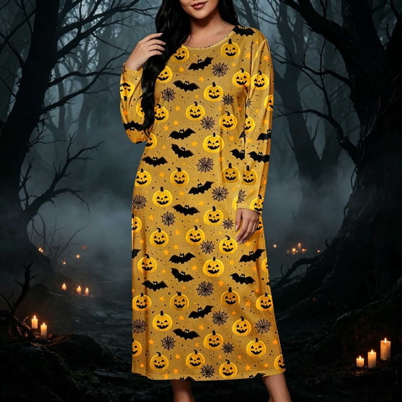 SELONE Long Nightgowns for Women Long Sleeve Plus Size Halloween Pajamas Dress Pumpkin House Dress Party Nightwear
