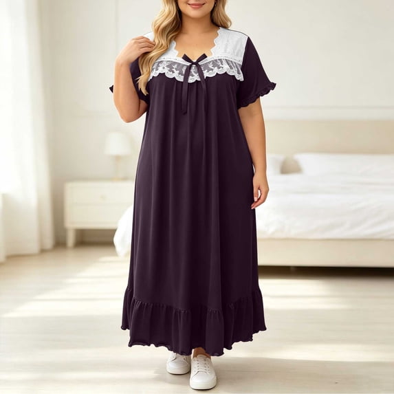 SELONE Long Nightgowns for Women Short Sleeve Plus Size Lace Maxi Sleep Shirt Ruffle Bow Long Dress Casual House Dress