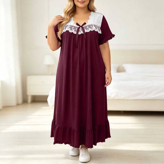 SELONE Long Nightgowns for Women Short Sleeve Plus Size Lace Maxi Sleep Shirt Ruffle Bow Long Dress Casual House Dress