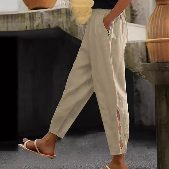 SELONE Long Pants for Women Dress Mid Waist Plus Size Lounge Pants Cropped Trouser Pants Casual Beach Pants Drawstring Solid Tapered Lightweight Comfortable Khaki XL Tall Breathable Summer Clothes