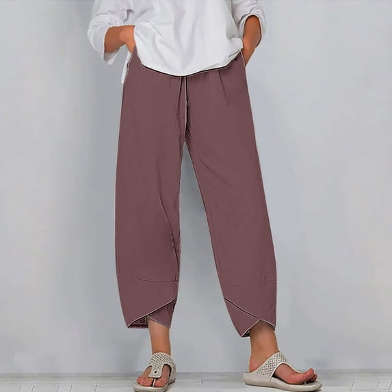 SELONE Long Pants for Women Plus Size Mid Waist Lounge Pants Cropped Trouser Pants Loose Casual Beach Pants Pull on Solid Soft Straight Leg Lightweight Comfortable Purple S Breathable Summer Clothes