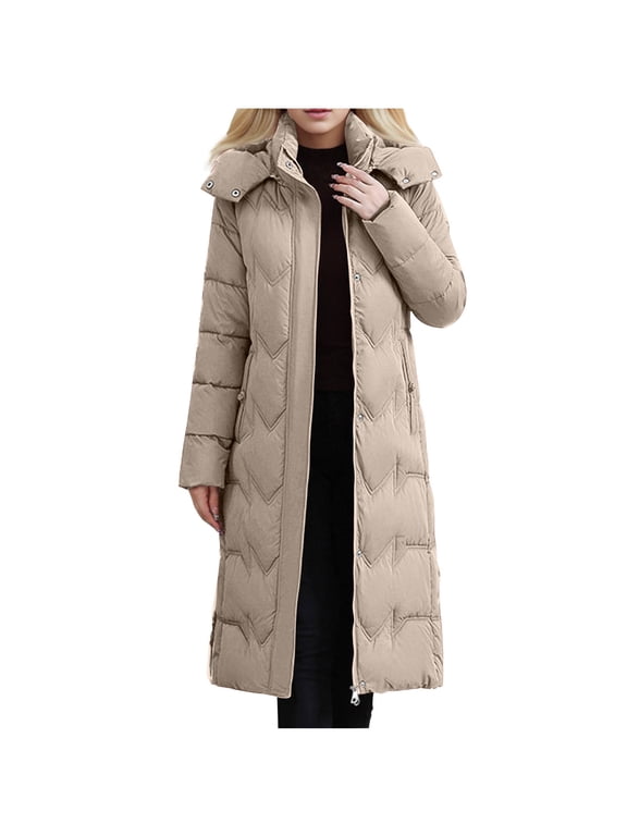Long Puffer Jacket Women with Hood Winter Coat Zipper Long Sleeve Tops with Pockets Soild Outerwear Brown 4XL