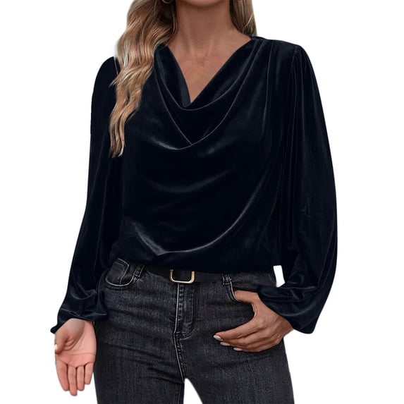 SELONE Long Sleeve Blouses for Women Velvet Tops Pleated Cuffs V Neck Pullover Soild Outfits Fall Winter Blue S