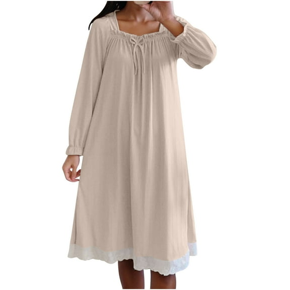 Lorytime Long Sleeve Nightgowns for Women Bow Lace Bathrobes Crewneck Sleepwear Loose Loungewear Home Clothes Beige M