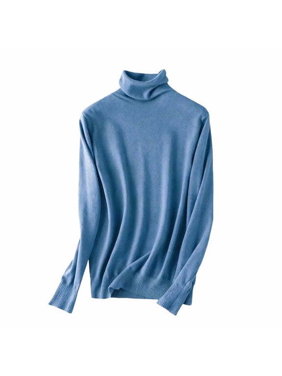 Long Sleeve Tops for Women Turtleneck Knitted Sweaters Base Layer Pullover Bodycon Soild Underwear Blue 2XL