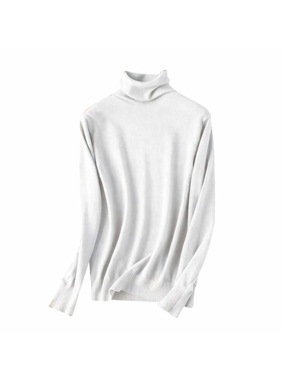 Long Sleeve Tops for Women Turtleneck Knitted Sweaters Base Layer Pullover Bodycon Soild Underwear White 2XL