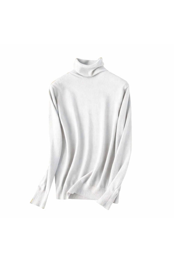 Long Sleeve Tops for Women Turtleneck Knitted Sweaters Base Layer Pullover Bodycon Soild Underwear White 2XL