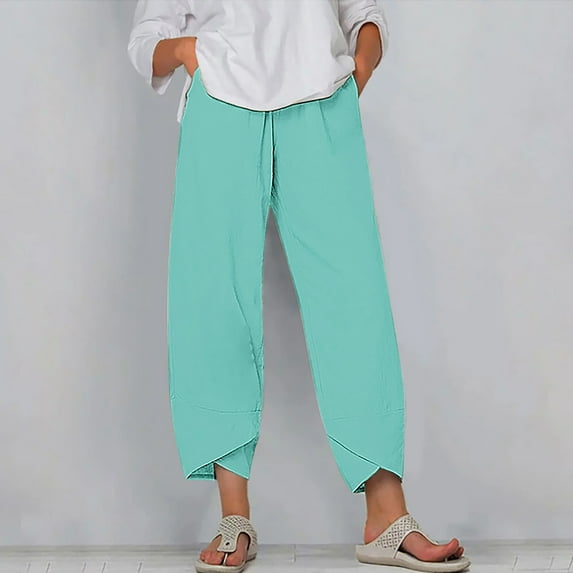SELONE Lounge Pants Plus Size Mid Waist Lounge Pants Cropped Trouser Pants Loose Casual Beach Pants Pull on Solid Soft Straight Leg Lightweight Comfy Blue M Breathable Summer Clothes