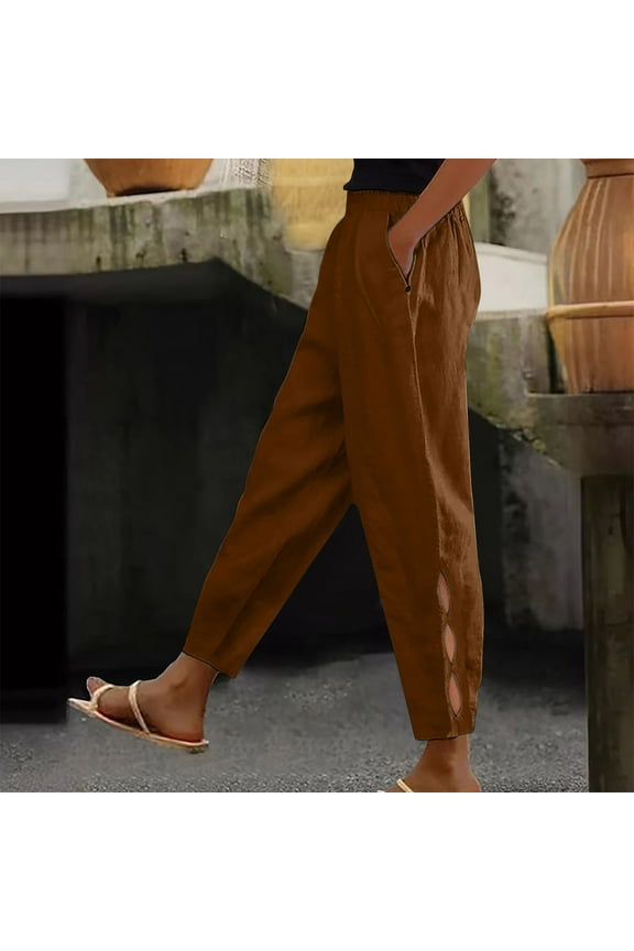 Lounge Pants with Pockets Brown Mid Waist Plus Size Lounge Pants Elastic Waist Cropped Trouser Casual Beach Pants Pull on Solid Tapered Lightweight Comfy 2XL Tall Breathable Summer Clothes