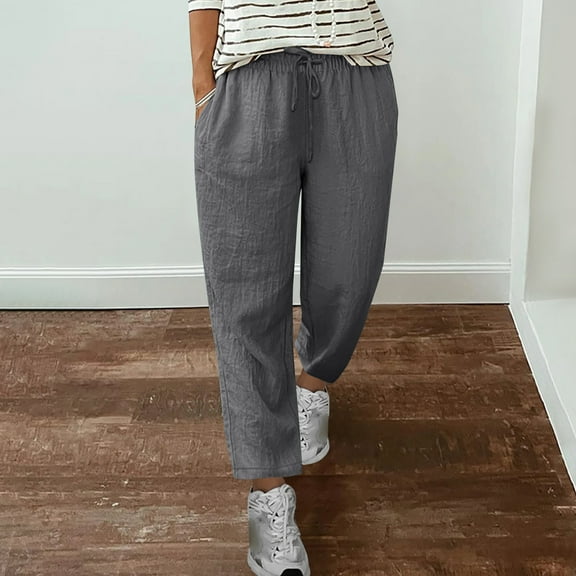 SELONE Lounge Pants for Women Petite Gray Plus Size Lounge Pants Cotton Linen Cropped Trouser Loose Casual Long Beach Pants Pull on Solid Straight Lightweight 3XL Tall Breathable Summer Clothes