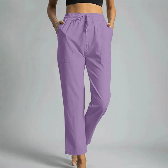 SELONE Lounge Pants for Women Petite Plus Size Lounge Pants Cotton Elastic Waist Full Length Trouser Loose Casual Long Beach Pants Drawstring Solid Straight Purple L Tall Breathable Summer Clothes
