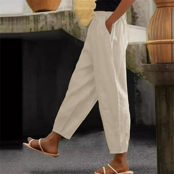 SELONE Lounge Pants for Women Petite Plus Size Lounge Pants with Pockets Elastic Waist Cropped Trouser Casual Beach Pants Drawstring Solid Tapered Lightweight Beige 2XL Tall Breathable Summer Clothes