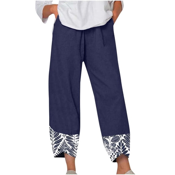 SELONE Lounge Pants Women Plus Size Lounge Pants with Pockets Cotton Linen Elastic Waist Cropped Trouser Loose Casual Beach Pants Pull on Solid Straight Lightweight Blue XL Breathable Summer Clothes
