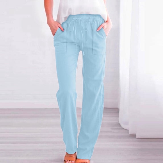 SELONE Lounge Pants for Women Plus Size Workout Pants with Pockets Cotton Linen Elastic Waist Full Length Loose Long Workout Pants for Work out Solid Straight Yoga Blue XL Tall Breathable Gym Clothes