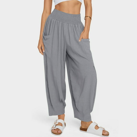 SELONE Lounge Pants for Women Tall Gray High Waisted Plus Size Lounge Pants with Pockets Cotton Linen Elastic Waist Cropped Trousers Loose Elastic Cuffs Trendy Pants Solid S Tall Summer Clothes