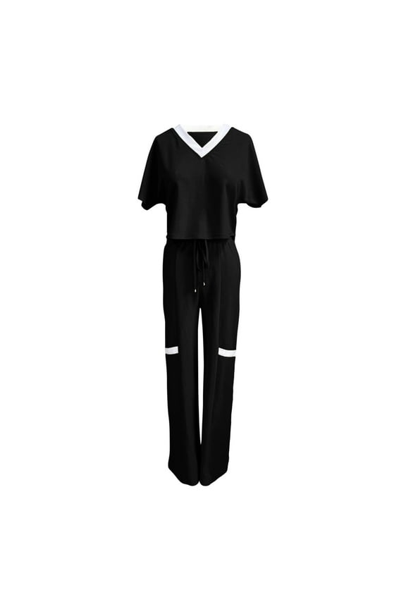Lounge Sets for Women 2 Piece Outfits Dressy Pants Sets ’s Casual Fashion Solid Color Short Sleeve Top High Waist Straight Leg Pants Commuting Two-piece Set 6-Black XXL