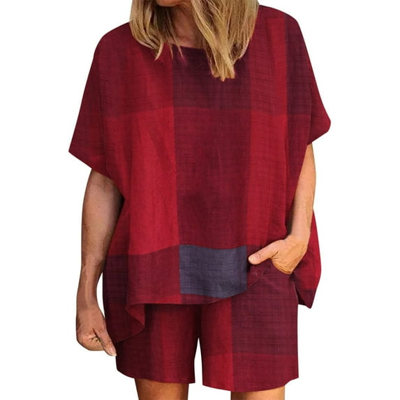 SELONE Lounge Sets for Women 2 Piece Outfits Dressy Plus Size Casual Summer Round Neck Printed Short Sleeve Tops And Shorts Two Pieces Set Suit 17-Red XXL